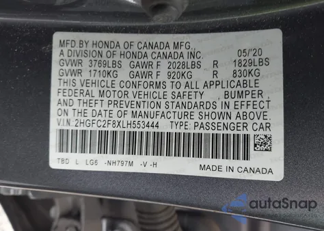 2020 Honda Civic Sport z USA, uszkodzony, nr VIN 2HGFC2F8XLH553444